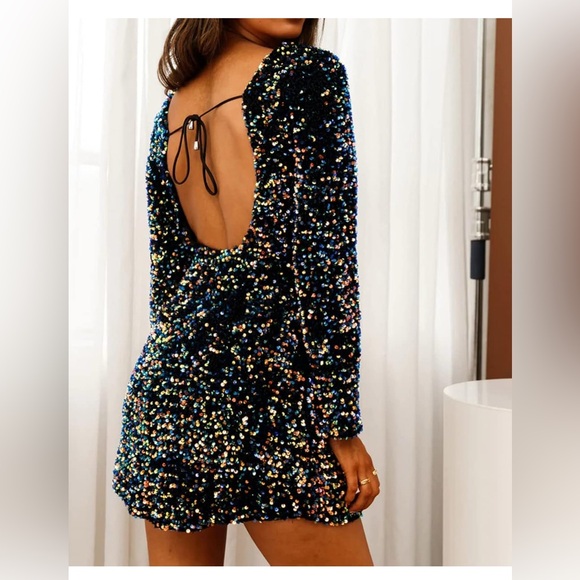 R.Vivimos Rainbow Sequin Party Dress L | Sparkly Holiday NYE Night Out Mini - Picture 2 of 7
